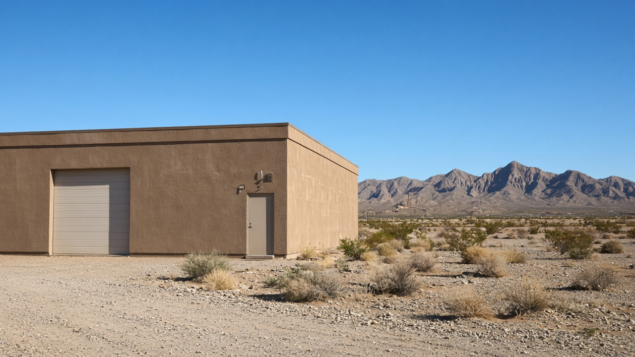 Low commercial building along the desert edge in daylight